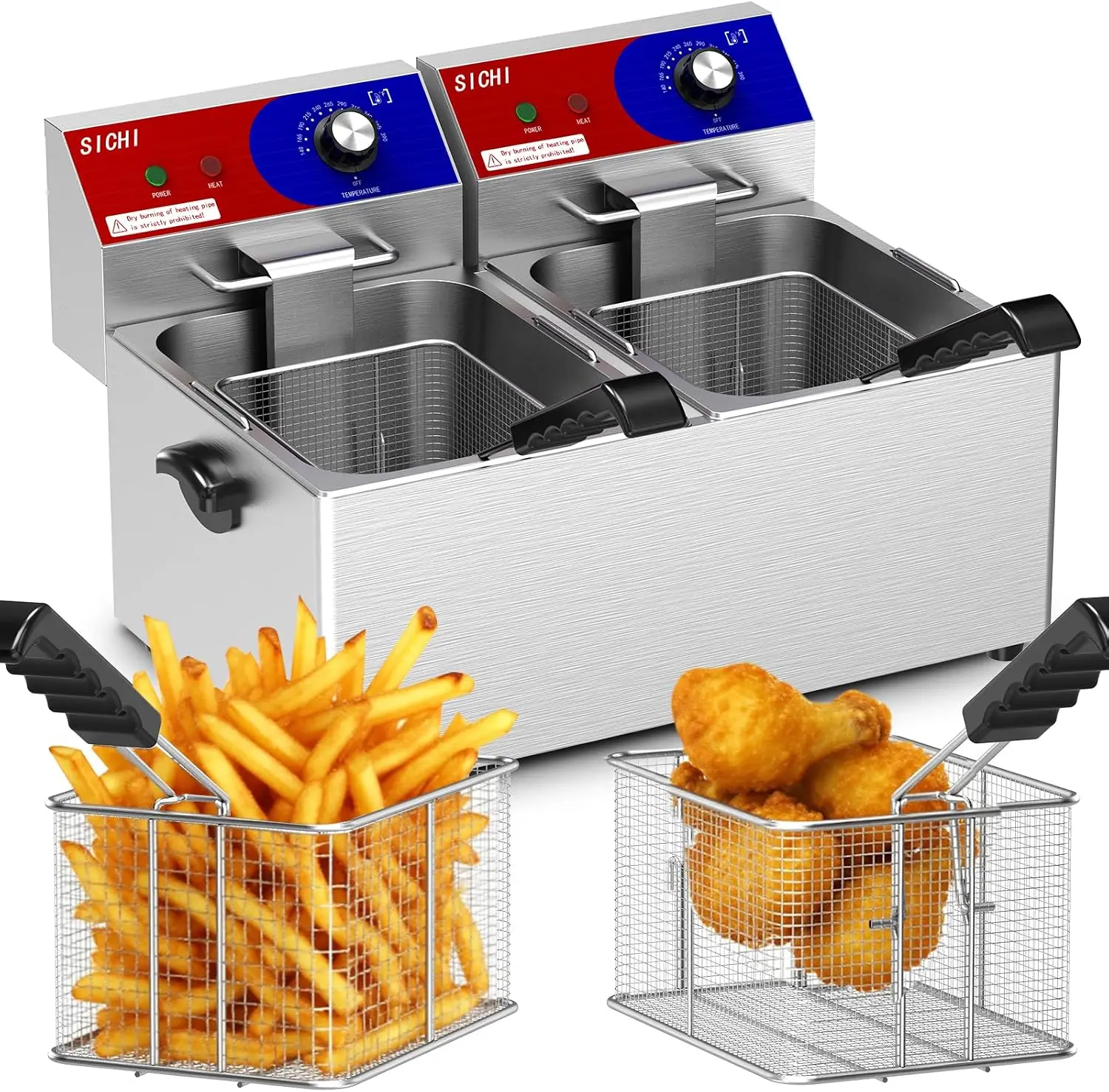^Commercial Deep Fryer - 26 L Large Deep Fryer with 10 L Basket, Commercial Deep Fryer with Basket (2Pcs), Stainless Steel