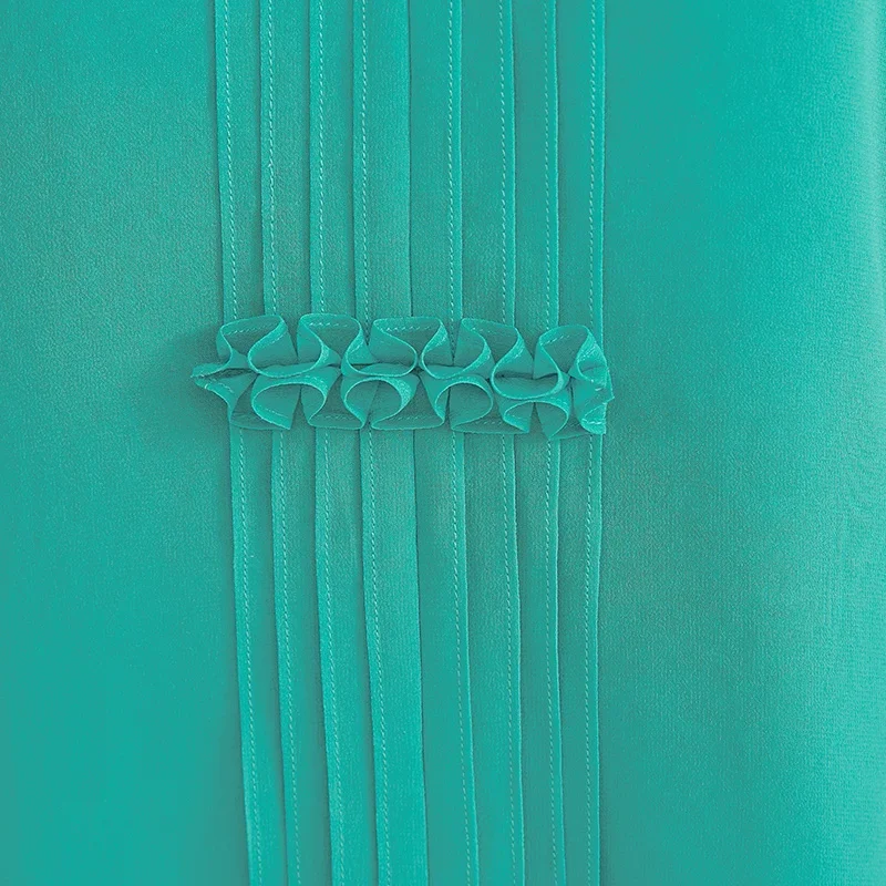 VOA seda Georgette de tres capas azul claro Tops con cuello en V mujeres hongo flor manga de murciélago cintura suelta camiseta de seda recta BE1611