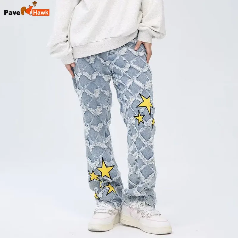 Y2K Star Embroidery Plaid Stacked Jeans Pants for Men Straight Women Hip Hop Denim Trousers Pantalon Homme Street Raw Edge Pant