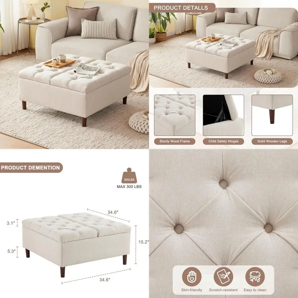 

Большой квадратный пуф-столик для хранения из бежевой ткани, 35 дюймов, с мягкой обивкой, для удобного хранения в гостиной