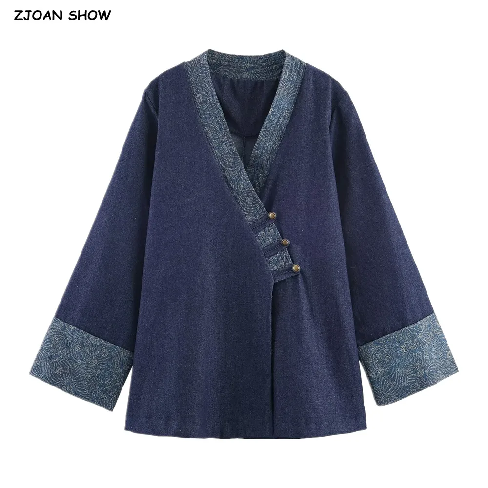 

2025 Autumn Deep Blue Contrast Color Kimono Denim Coat Women Ethnic Cross V neck Front Buttons Loose Jacket Outerwear