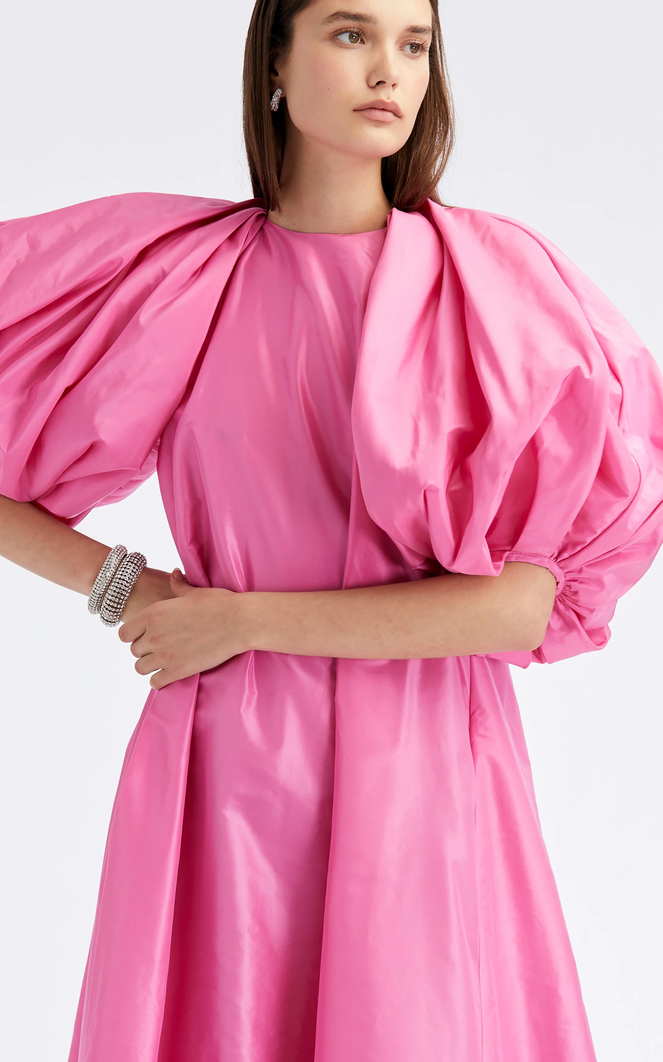 Gorgeous Silk Taffeta Caftan Maxi Dress Puff Sleeves Big Bow Pink Evening Dresses Oversize فساتين للحفلات الراقصة Formal Gowns