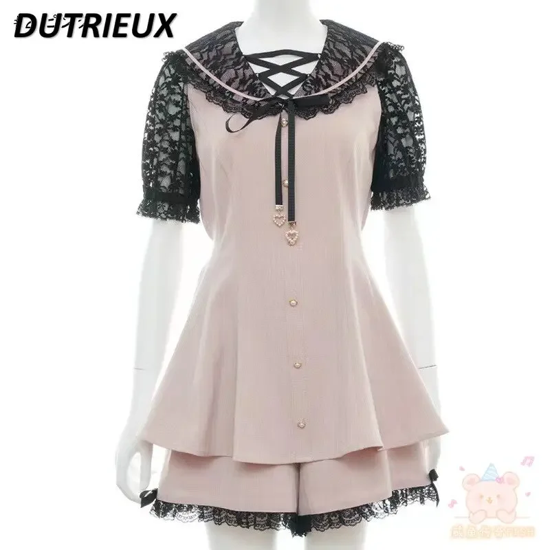 

SC Suit Strap Love Pendant Sailor Collar Lace Shirt Shorts Sets Mine Series Mass-Produced Short Sleeve Tops Shorts Two Piece Set