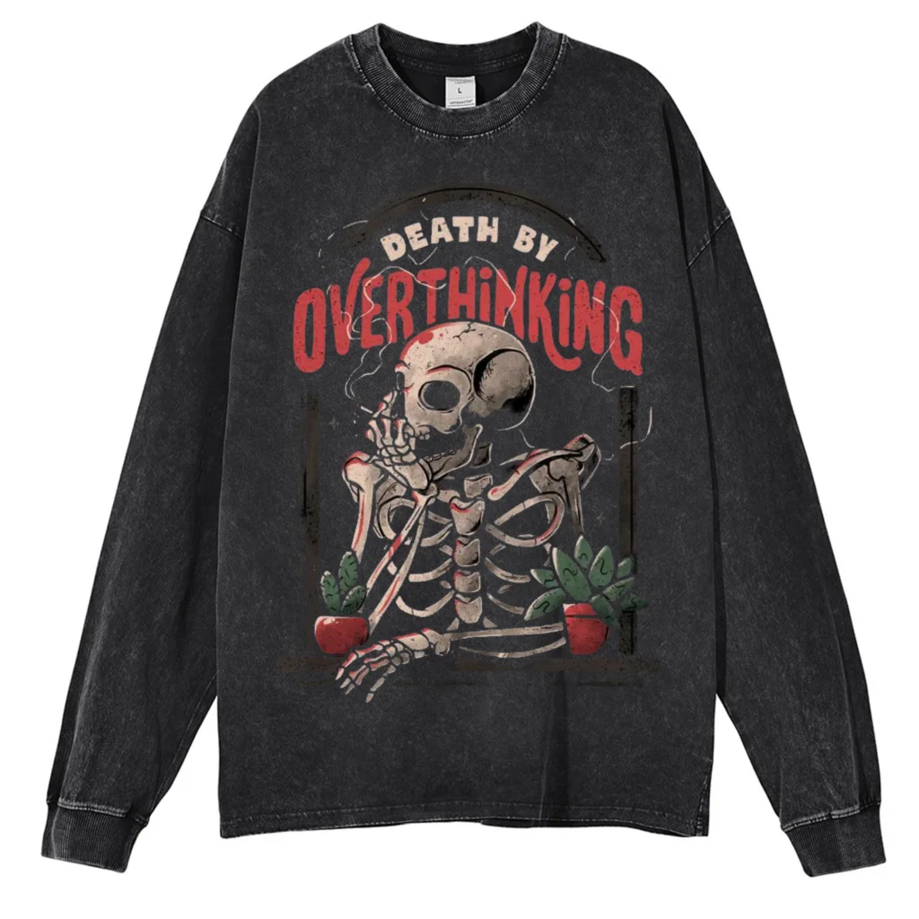 Skull Theme Graphic Print Old Washed Long Sleeved Hoodies For Unisex, y2k Streetwear, 100% Cotton Sweaters For Autumn And Winter