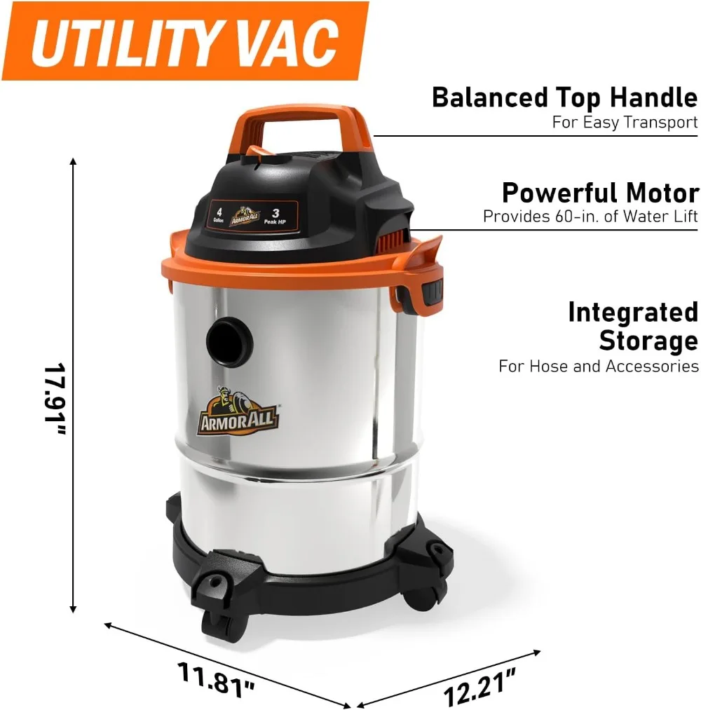 Aspiradora en seco y húmedo de 4 galones con motor de 3 HP, depósito de acero inoxidable, función de soplador y 10 accesorios