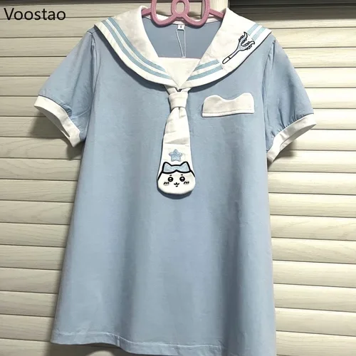 Imagen 2 del producto Camiseta japonesa de dulce Lolita para mujer, camisetas holgadas Kawaii con estampado de dibujos animados y cuello de marinero, camisetas de hadas Harajuku estéticas Y2k para chicas