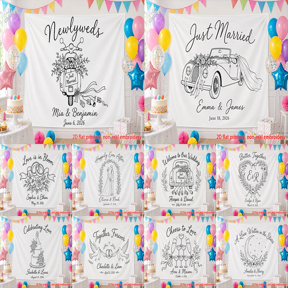 1pc Personalized Wedding Backdrop Tapestry, Custom Couple Name Date Wedding Party Photo Booth Background Banner for Reception