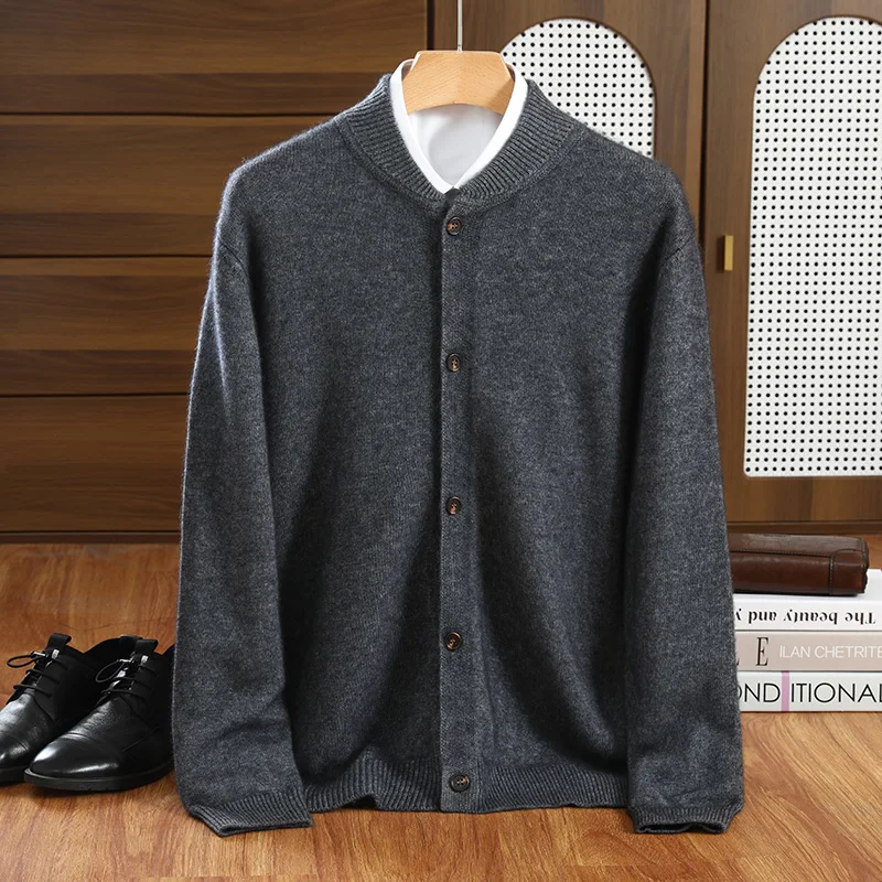 

2025 Autumn Winter New 100% Cashmere Sweater Men's Button-Up Cardigan Round Neck Thickened Warm Knitted Casual Jacket