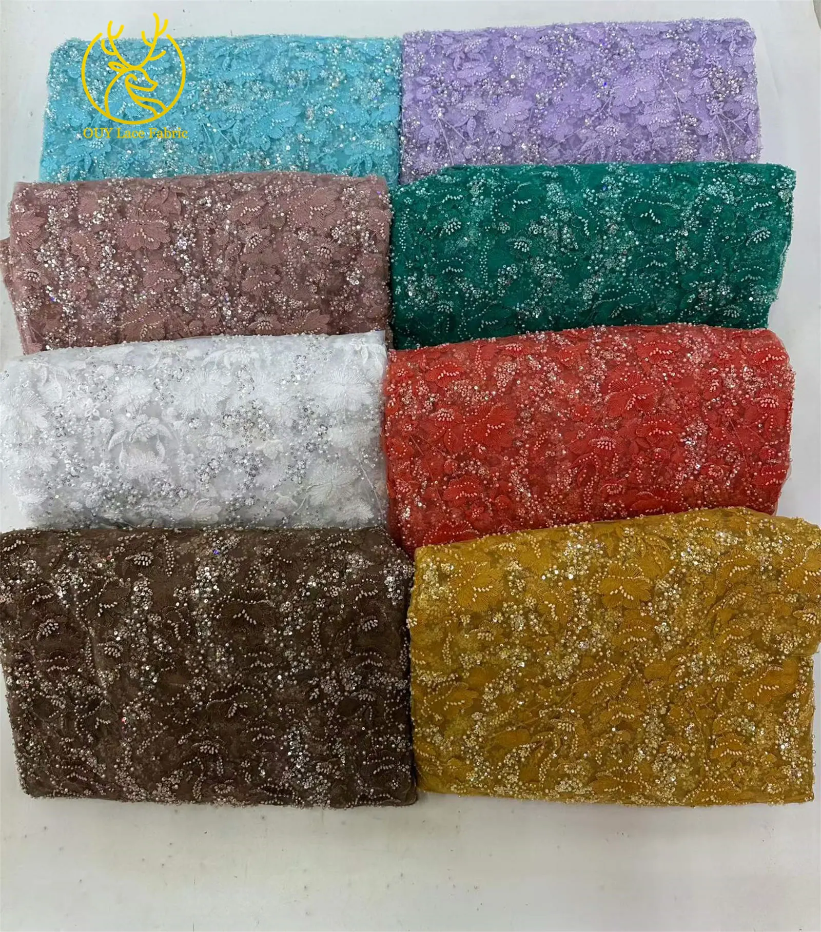 Weißer nigerianischer 3D-Blumen-Stickerei-Mesh-Spitzenstoff, 5 Yards, afrikanischer Spitzenstoff mit Perlen und Pailletten für Hochzeitskleider und Partykleider zum Nähen – Detail 16