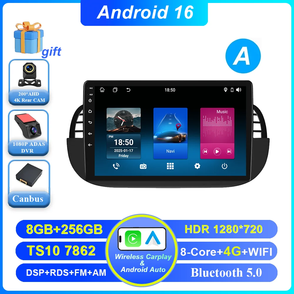 Auto DVD Android 16 Radio Stereo voor Fiat 500 2007-2015 Auto Multimedia Speler GPS Navigatie Hoofdunit Hoge-Prestatie CPU WIFI