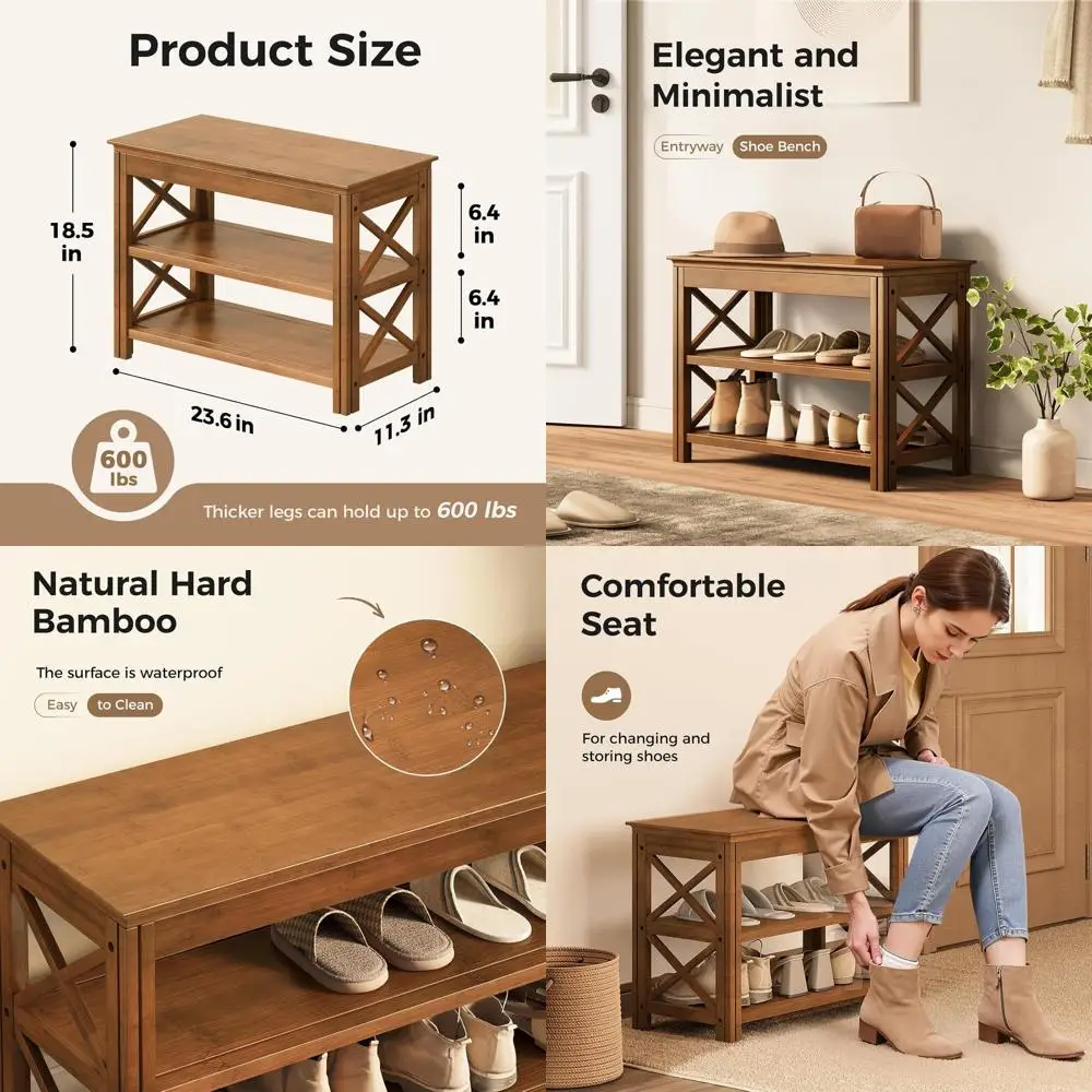 

3-Tier Bamboo Shoe Storage Bench, Rustic Entryway Furniture, X-Brown, 23.6 Wide