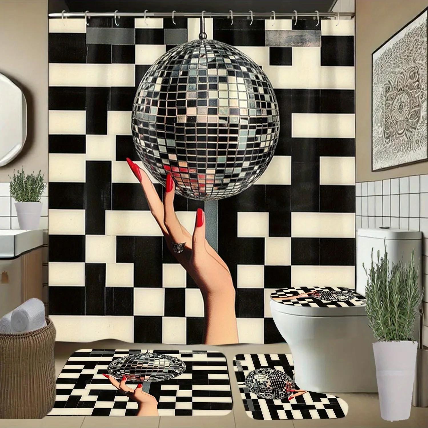 

4pcs Hand, Red Nails, Mirror Ball Pattern Shower Curtain with Hooks, Bathroom Partition Curtain, Bathroom Accessories