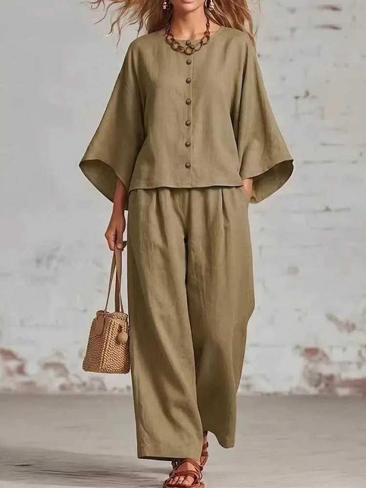 

Linen Set Woman 2 Pieces Flared Sleeve Loose Fit Top and Wide Leg Pant Solid Color Casual Ladies Set Wholesale Dropshipping