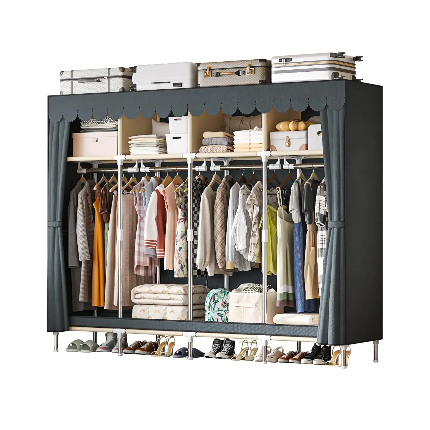 

Large Portable Armoire Wardrobe 4 Hanging Rods & Lockers Metal Clothes Rack with Dust Cover Bedroom 16.7in Wide,Customized