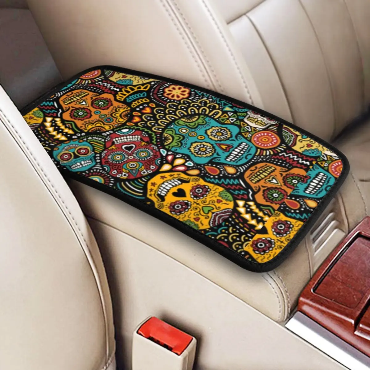 Car Armrest Cover Mat Calaveras Sugar Skull Center Console Cover Pad Dia De Los Muertos La Muerte Car Decor Accessories