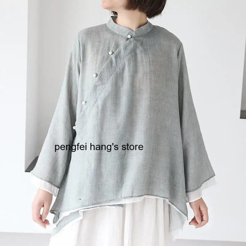 Women Vintage Autumn Solid Color Stand Collar Chinese Style Long Sleeve Shirt Oblique Placket Frog Buttons Artistic Tea Clothing