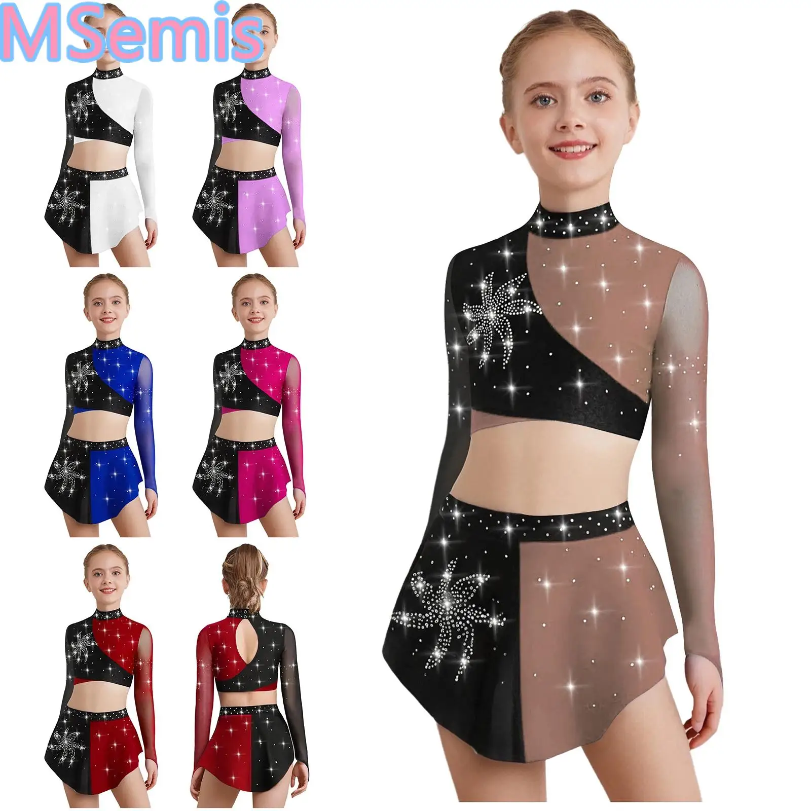 

Kids Girls Lyrical Dance Outfits Long Sleeves Keyhole Back Color Block Sheer Mesh Shiny Rhinestones Crop Top with Skirt