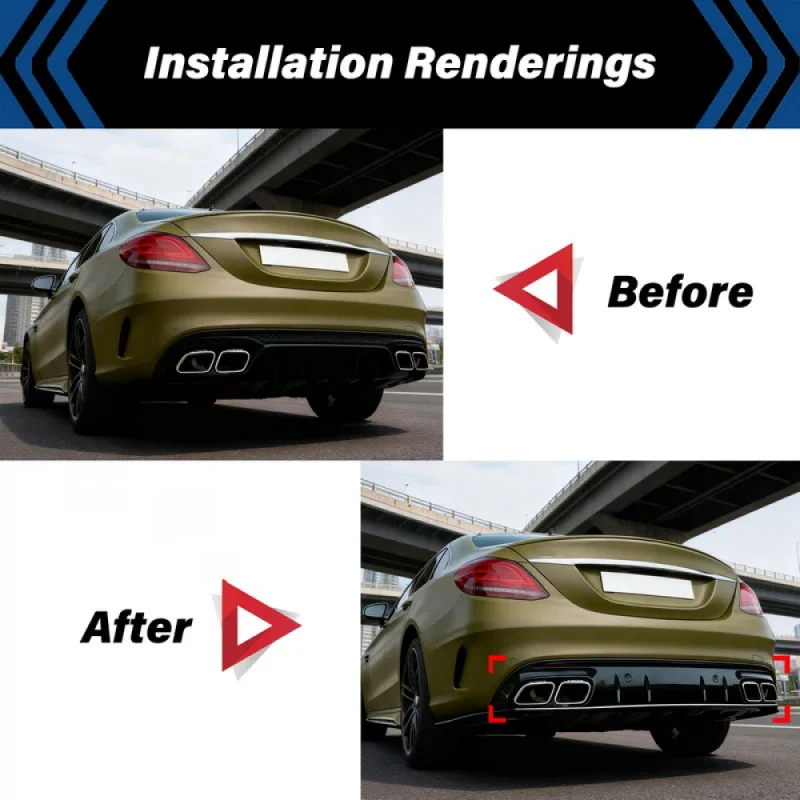 

High Quality W205 C300 Sedan 2015 2016 2017 2018 2019 2020 2021 C63S Style Rear Diffuser Exhaust Tips Body Kit Accessories