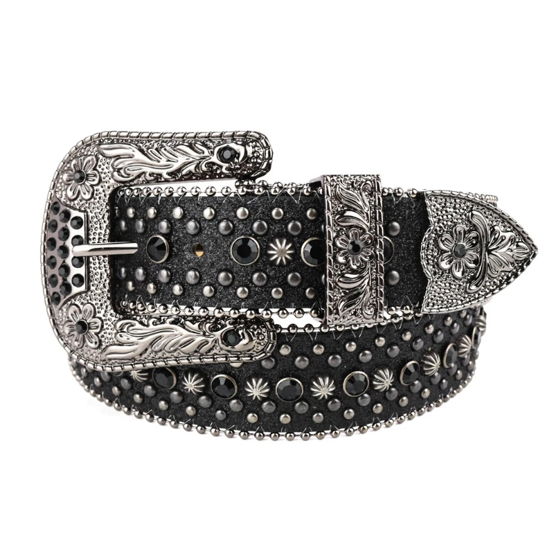 Vintage Dark Rhinestone Rivet Belt for Women Sequin Punk Hip Hop Gothic Jeans Accessories Luxury Designer bb Belt