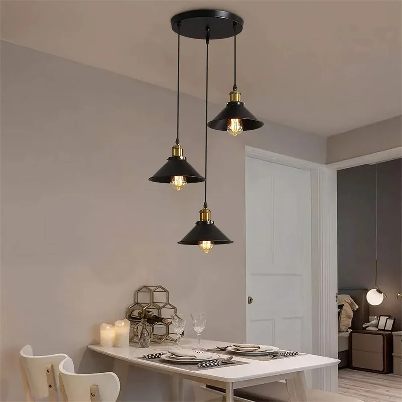 

1/2/3 Heads Black Modern Design Pendent Ceiling Light Vintage Hanging Lampshade for Home Living Room Kitchen Decorative Lighting