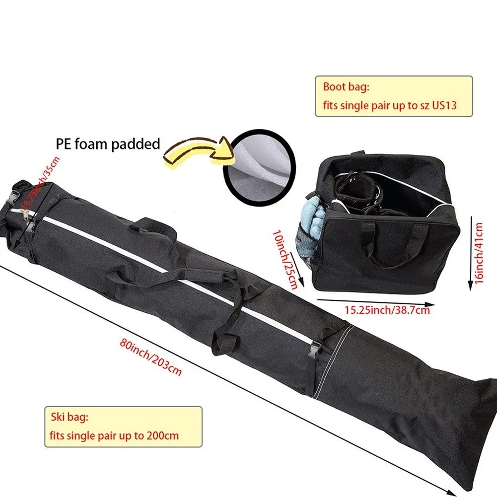 Ski Gear Bag Set Includes Ski Sleeve and Boot Bag for Skis 200 cm Boots Size 13 Roll Top Adjustability Water Resistant
