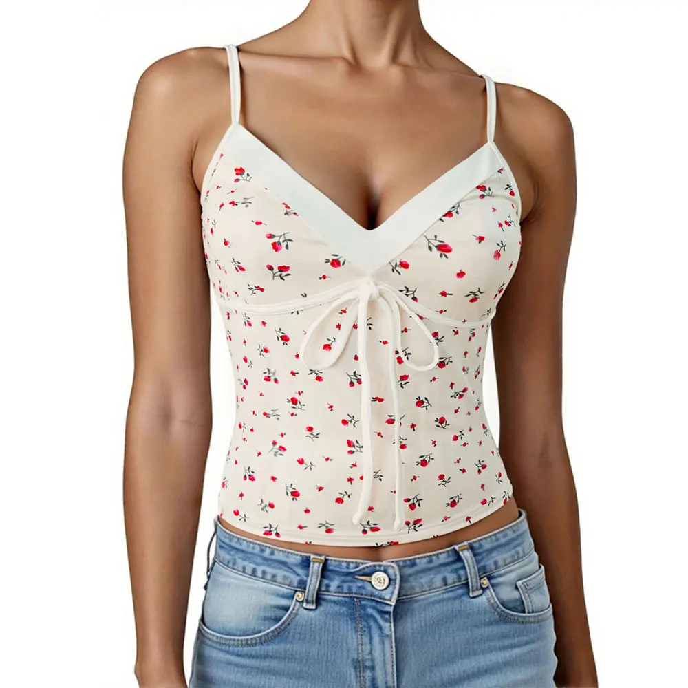 Summer New French Style V Neck Floral Print Sexy Backless Vest Top Women Casual
