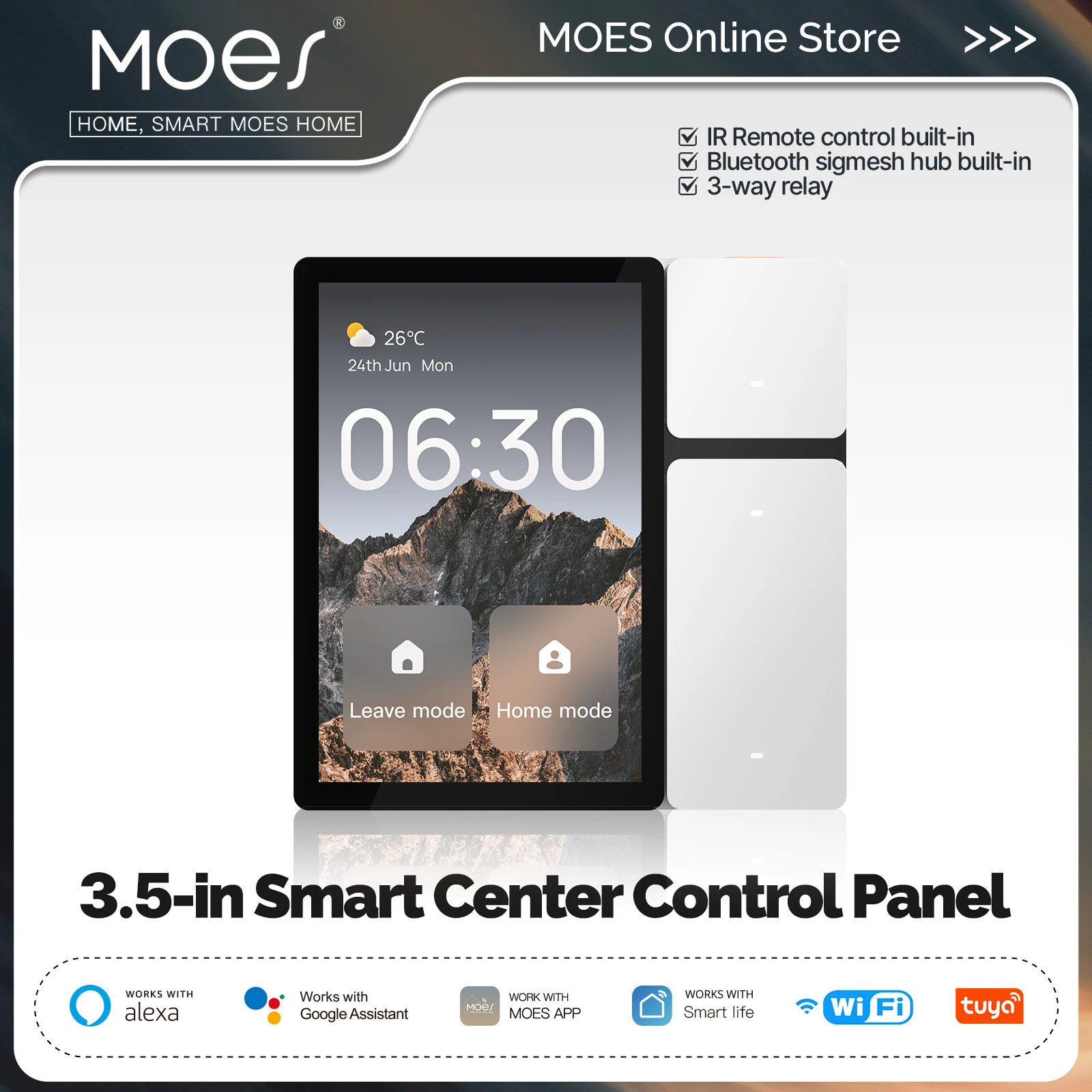 MOES-Panel de Control inteligente Tuya WiFi, pantalla de 3,5 pulgadas, 3 relés, 3 botones físicos, Control remoto IR, Bluetooth, Sigmesh Hub incorporado