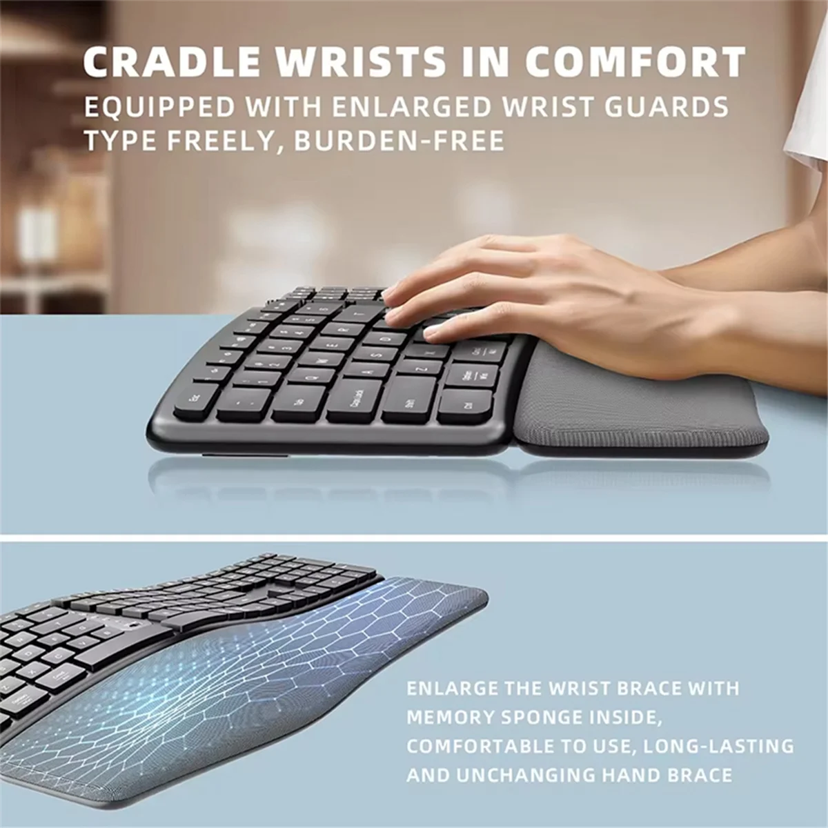 

NEW Ergonomic Wireless Keyboard with Wrist Rest BT Dual Mode Wireless Rechargeable Split Keyboard for PC Windows 7/8/10