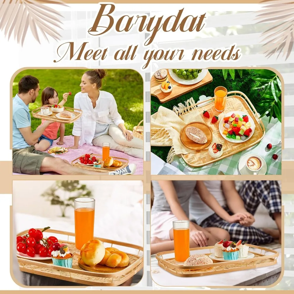 12 Pcs Bamboo Wicker Serving Trays 16.93x13 Inch Hand Woven Lap Trays for Eating Bed Tray Snack Holder