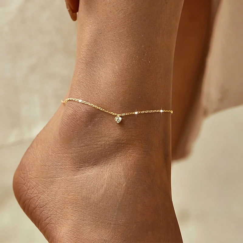 Minimalist Eco Friendly Copper Anklet With Sparkling Heart Cubic Zirconia Charm For Daily Wear Women