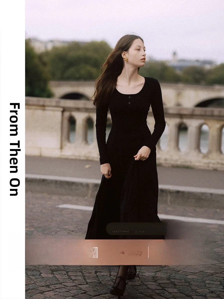 

Sincethen Hepburn Sle Knitted Long Bla Dr Women's Autumn Winter High Quali Dr Casual A-Line Silhouette