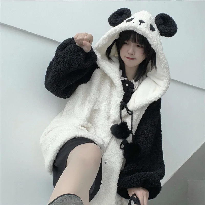 Panda Cosplay Costume Bear Ear Winter Hooded Sweatshirt Plush Fleece Oversized Hoodies Girls Clothing Kawaii Warm Homewear