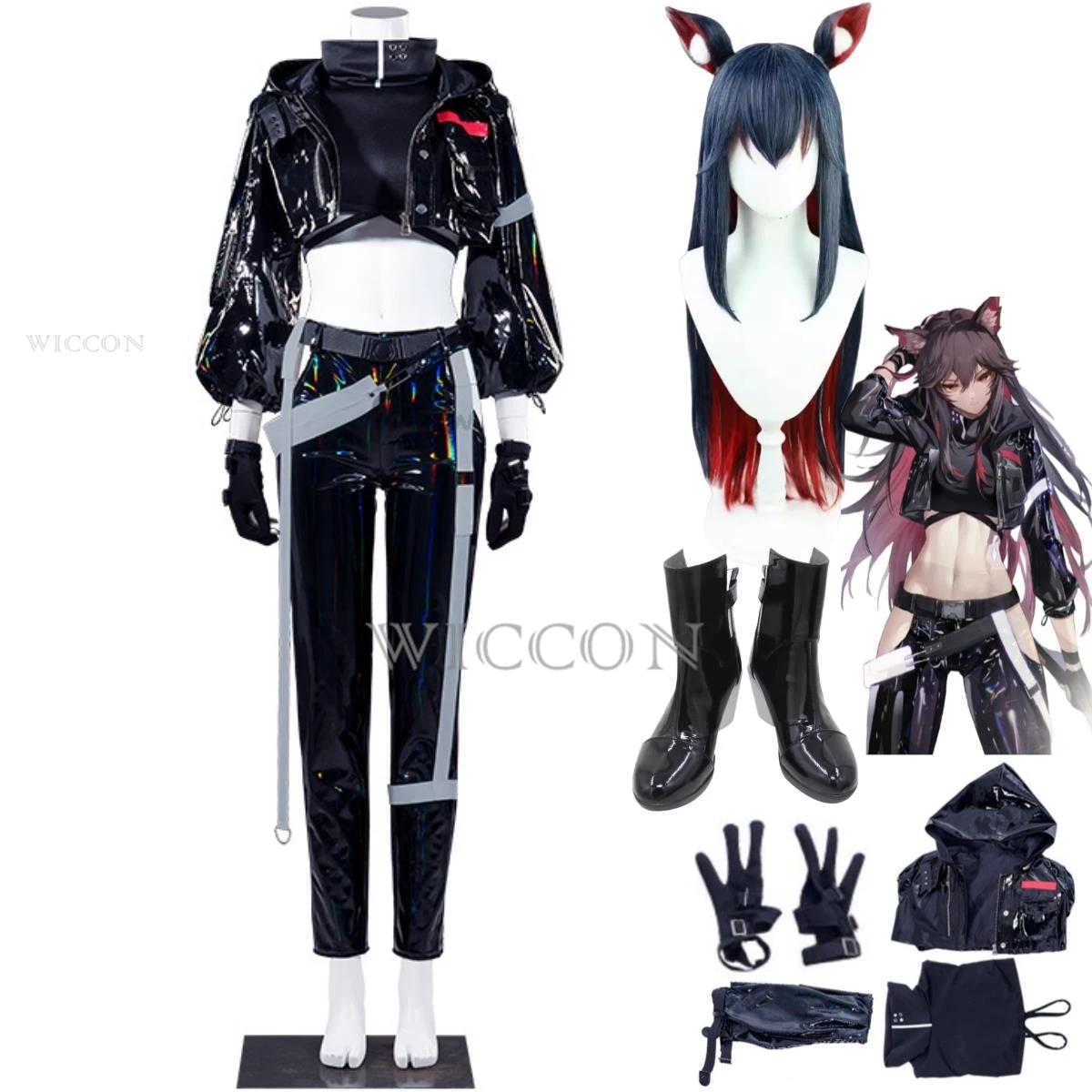 

Texas Cosplay Costume Prosodic Synaesthesia Wig Patent Leather Combat Uniform Shoes Woman Sexy Party Suit Anime Game Arknights