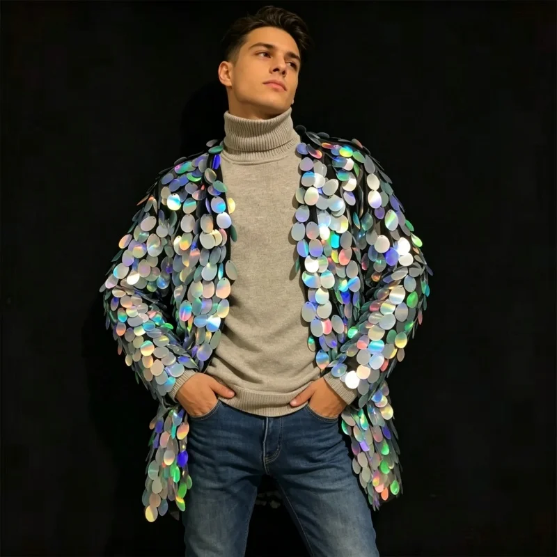 

Unisex Silver Sequins Loose Coat Glitter Cloak Stage Performance Costume for Singers Dancers Birthday Party Nightclub Glittering