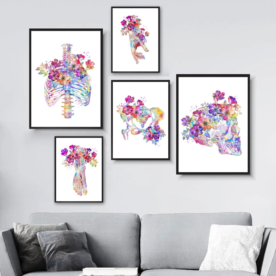 Bone Anatomy Flower Skull Wall Art Hand Foot Canvas Painting Clinic Nordic Wall Pictures Poster and Prints for Doctor Room Decor