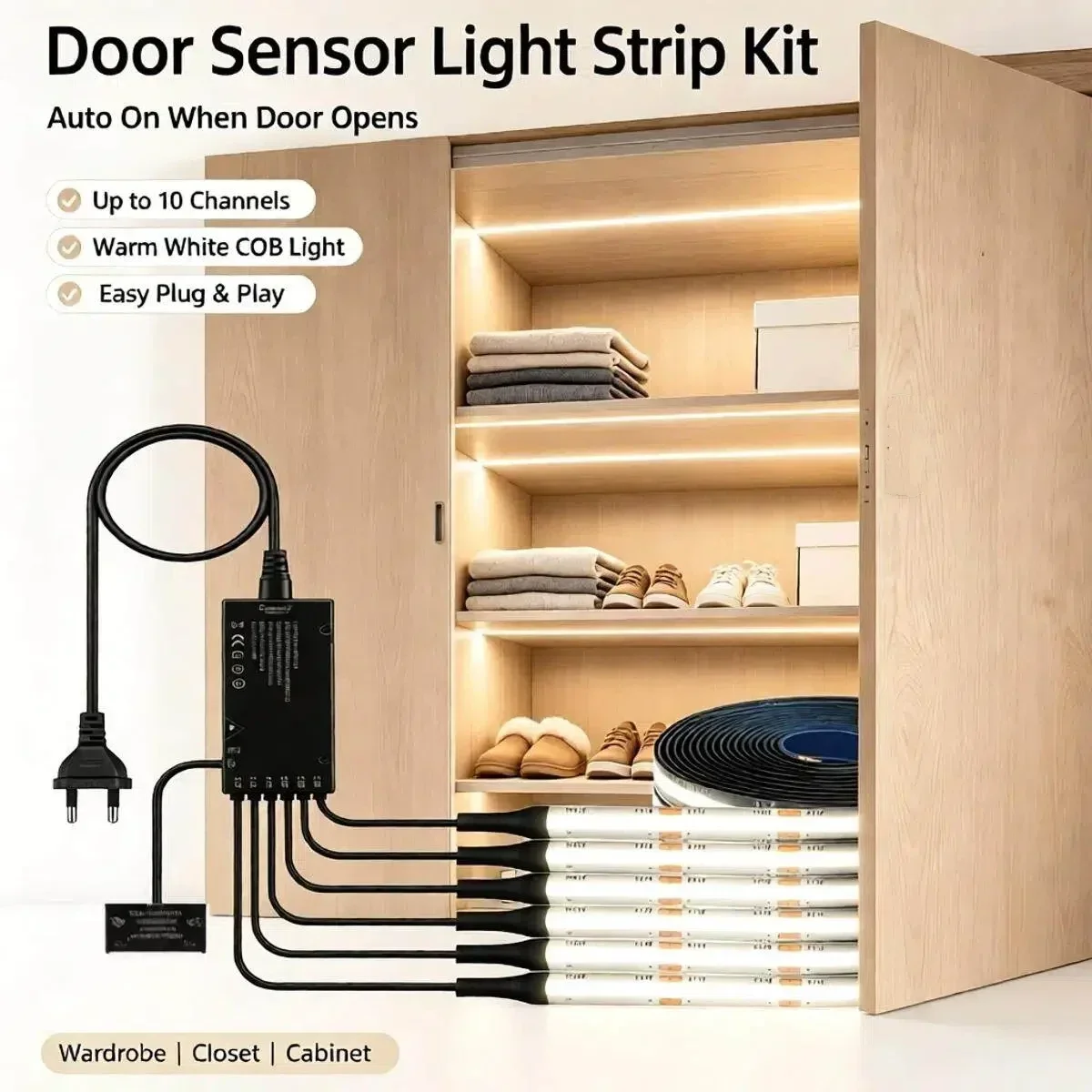 2/4/6/10PCS Black PCB COB LED Strip Kit With Smart Dual Door Sensor Control Auto ON/OFF For Cabinet Wardrobe Background Wall