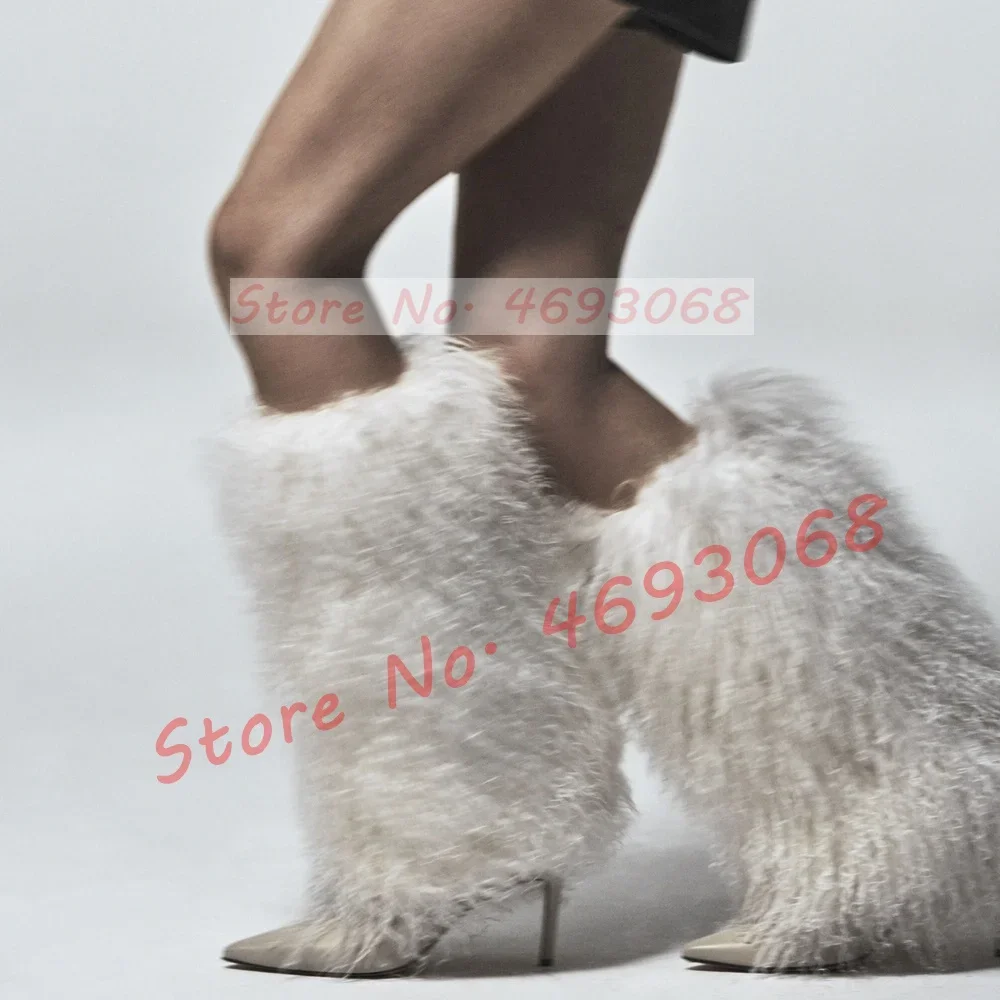 Botas a media pantorrilla de piel blanca para mujer, zapatos sexis de lana de cordero con punta en pico y tacón alto, botas de tacón de aguja de charol Beige de talla grande