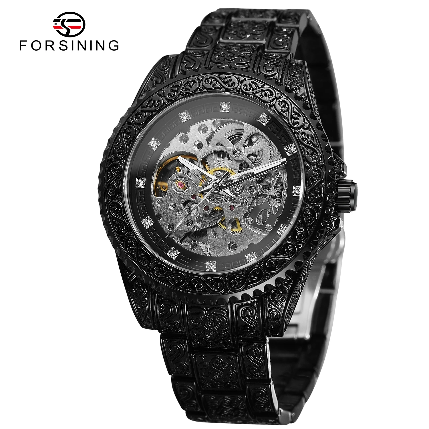 FORSINING Schwarz Vintage Carving männer Skeleton Automatische Mechanische Uhren Strass Coole Mode Retro Edelstahl Uhren