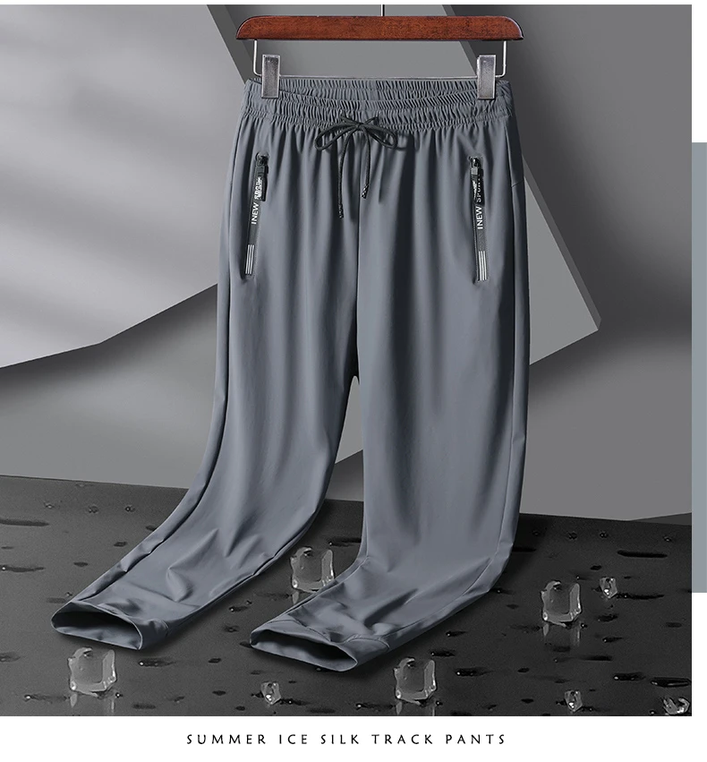 Men's Athletic Stretchy Ice Silk Quick Dry Pants Zipper Pockets Lightweight Sweatpants Outdoor Hiking Breathable Running Workout
