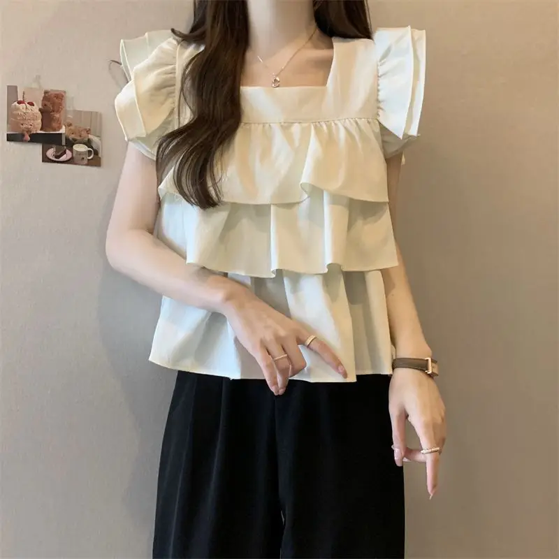 Women's 2024 Summer New Shirts Fashion Chic Spliced Ruffles Short Solid Square Collar Drawstring Sleeveless Chiffon Blouses Tops