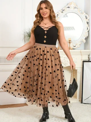 Plus Size Women High Waist Flocking Heart Long Skirt Tulle Flocking Half Length Skirt for Plus Size Women