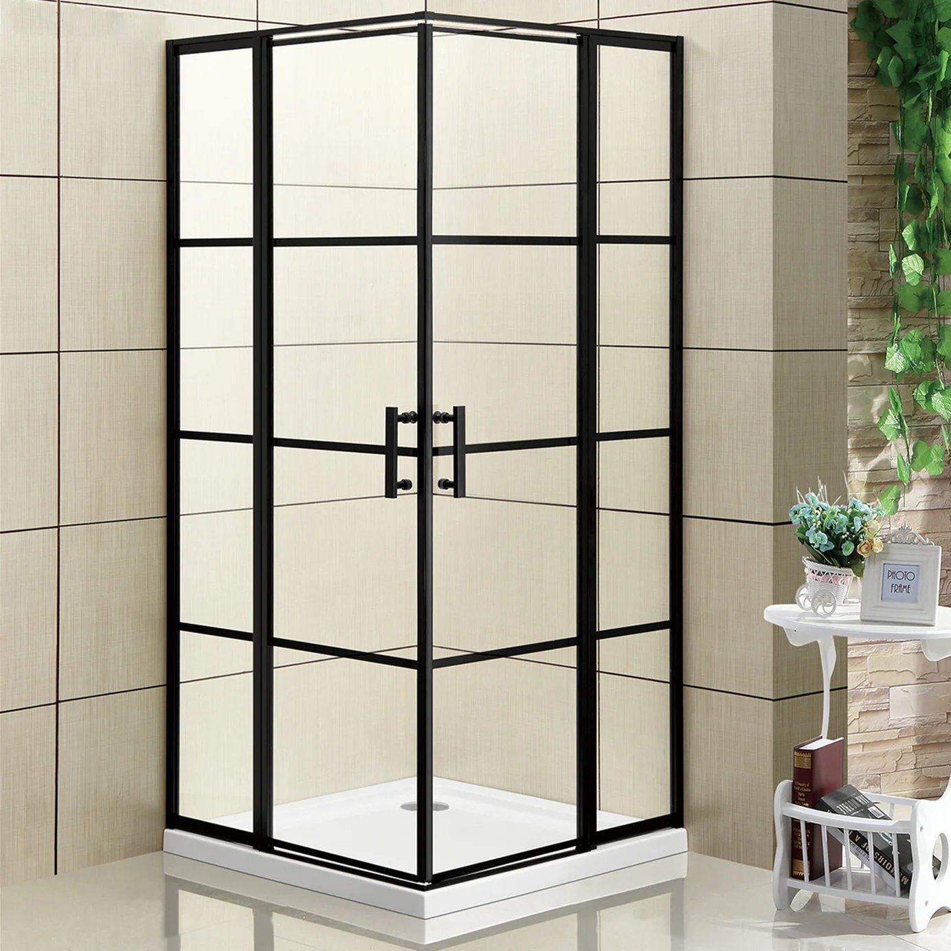 

Fashion Style Sliding Shower Room Door Enclosure Corner Shower Enclosure With Black Aluminium Frame