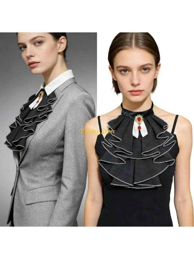 N58F Victorian Layered Ruffle Elastic Faux Collar for Enhancing Face Visibility