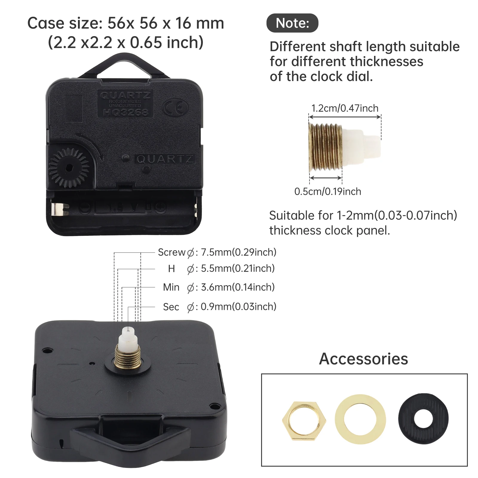 HQ3268 5 mm Thread /12 mm Shaft Quartz Clock Step Movement with Hook for Clock DIY / Repair, Jumping Seconds Clock Repair Parts