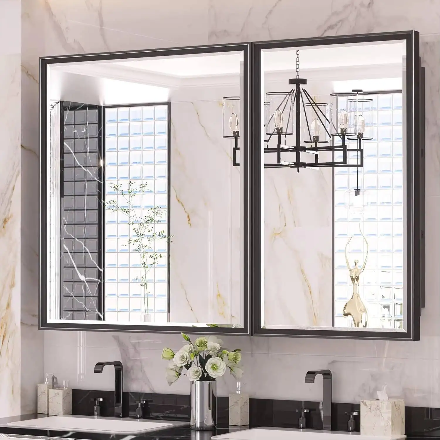 

Черные аптечки для ванной комнаты Keonjinn размером 40 x 30 дюймов с зеркалом, встраиваемым или поверхностным настенным креплением из алюминиевого сплава, скошенным M