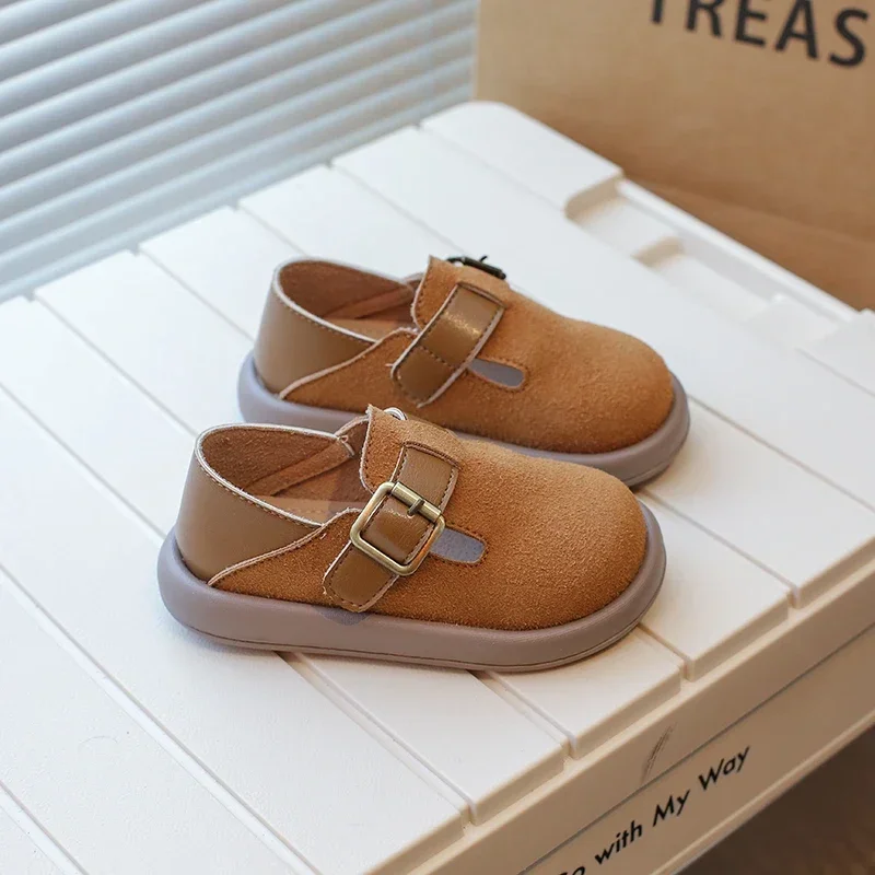 Jane&T-strap Boys Casual Shoes Children Fashion Buckle Round-toe Britain Style Girls Loafers Versatile Breatheable Kids Toddlers