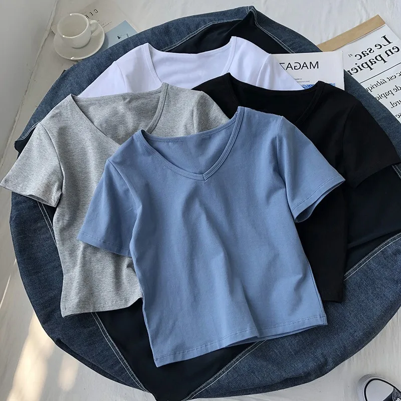 Women T-Shirt Lady Short Sleeve V-Neck Solid Color Cropped T-Shirt Girl Student Summer Slim High-Waist Belly-Button Top T-Shirt