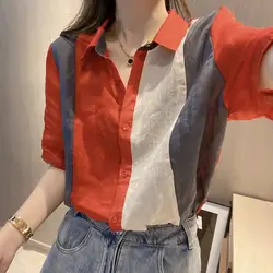 Office Lady Fashion Contrasting Colors Patchwork Blouse Summer Short Sleeve Casual Single-breasted Female Korean Polo-Neck Shirt