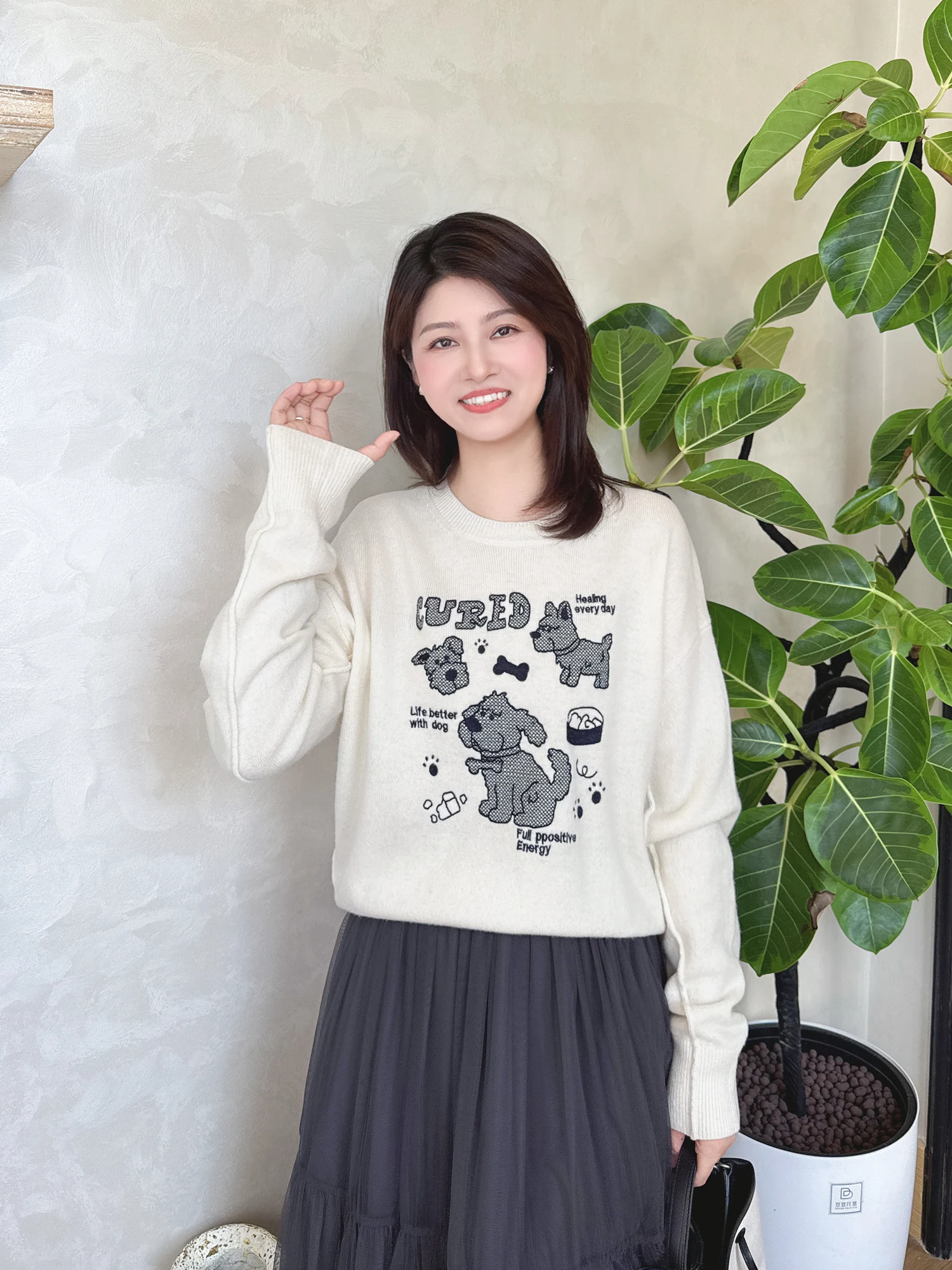 

Zillal 00 Wool Knitted Embroidered Dog Sweater Overhead oulder Drop Long Sve round Ne Warm Autumn Winter Women's Top