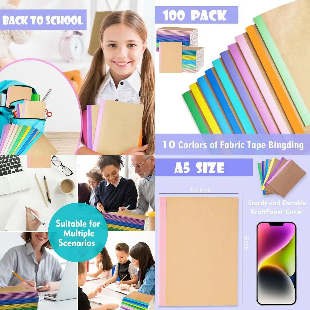 

100 Pack A5 Ruled Mini Notebooks, Soft Kraft Cover, Colorful Lined, Perfect for Girls, Students, Travelers, and School